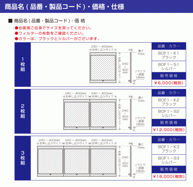 ベラスコートキッチンレンジフード用オーダーフィルター３枚タイプ