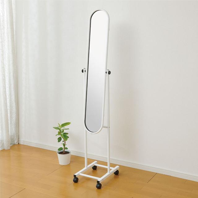 キャスター付きスタンドミラー１個ホワイト飛散防止加工角度調節姿見鏡全身鏡