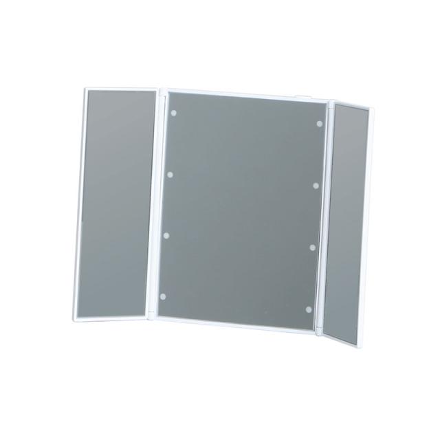 LEDライト付き卓上コンパクト三面鏡１個ホワイトブラックスタンドミラー角度調節化粧鏡メイクコンパクト