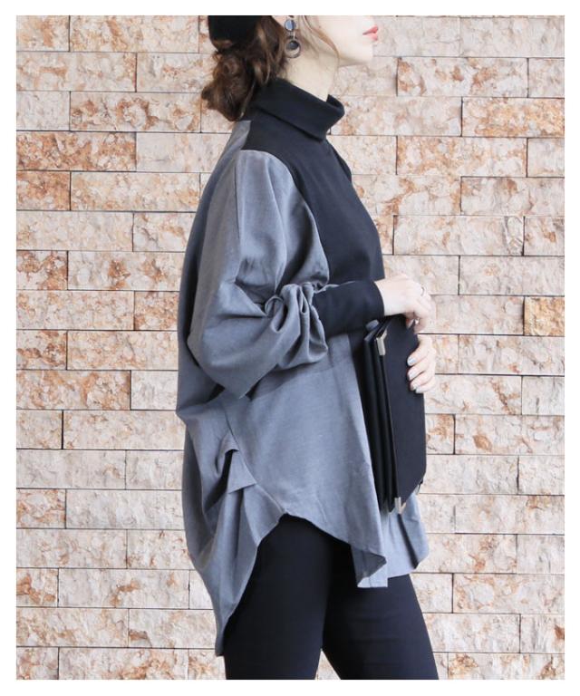 バイカラーの異素材がカッコいいタートルネックのドルマンシャツ【10月26日8時販売新作】