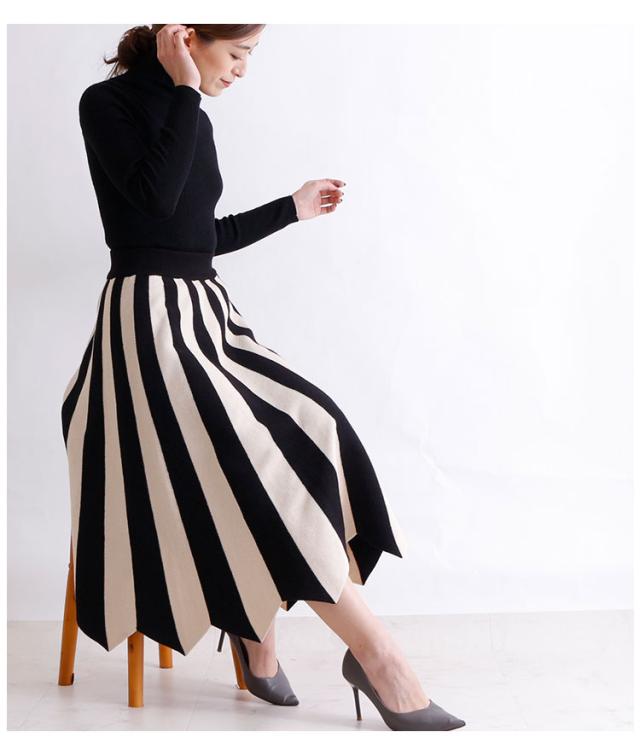別注 冬新作 バイカラーストライプの変形ニットプリーツスカート スカート レディース ファッション ロングスカート ミモレ丈 ストライプ ブラ 送料無料 Www Iacymperu Org