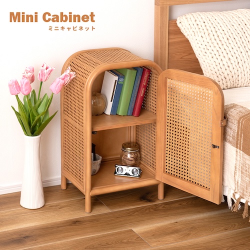 キャビネット チェスト 韓国インテリア ナチュラル ラタン ミニキャビネット 小さめ 小さい かわいい 扉付き 2段 本棚 ベッドサイド 寝室 コンパクト