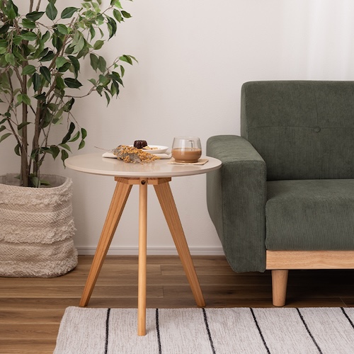 テーブル ディスプレイ台 木製 天然木 パイン くすみカラー 三本脚 おしゃれ コンパクト シンプル 北欧 韓国 かわいい ナチュラル 一人暮らし ベージュ グリーン ピンク グレー テーブル サイドテーブル ナイトテーブル