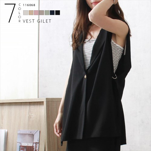送料無料 梨地ポンチ サイドオープン ブレザーベスト ジレ レディース ショート丈 スリット レイヤード 春 夏 秋 冬 オフィスカジュアル かわいい お出かけ デート 楽ちん ゆったり Ladies 20代 30代 40代