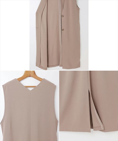 送料無料 梨地ポンチ ロング ジレ レディース 2way サイドポケット Vネック カットソー バックスリット 伸縮性 落ち感 春 夏 秋 オフィスカジュアル かわいい お出かけ デート 楽ちん ゆったり Ladies 20代 30代 40代