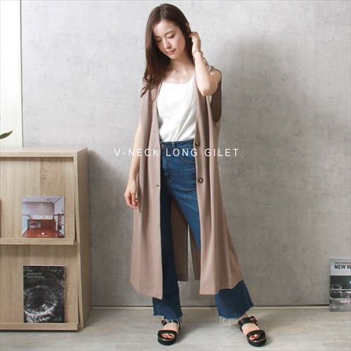 送料無料 梨地ポンチ ロング ジレ レディース 2way サイドポケット Vネック カットソー バックスリット 伸縮性 落ち感 春 夏 秋 オフィスカジュアル かわいい お出かけ デート 楽ちん ゆったり Ladies 20代 30代 40代