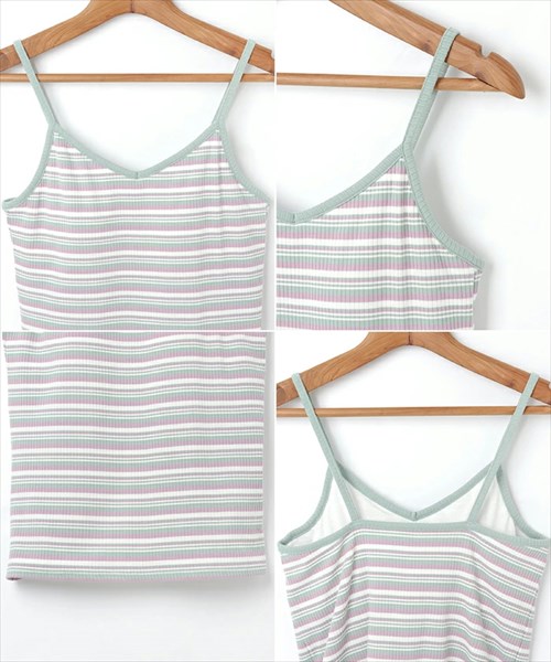 送料無料 テレコリブ カップ付き キャミソール レディース Vネック マルチボーダー インナー 春 夏 秋 オフィスカジュアル かわいい お出かけ デート 楽ちん ゆったり Ladies 20代 30代 40代