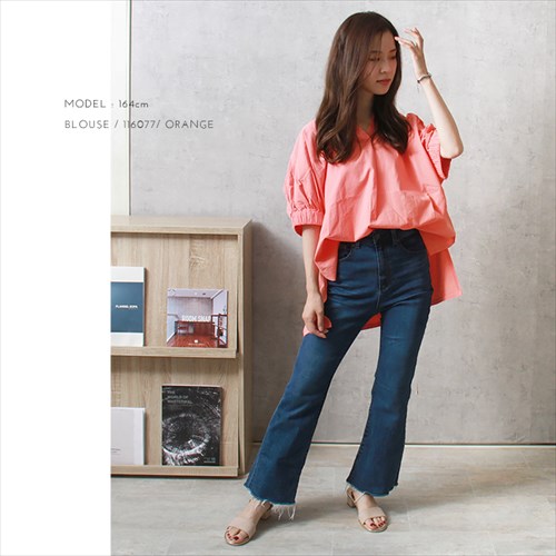 送料無料 ワッシャーコットン 袖ギャザー スキッパー ブラウス レディース プルオーバー シンプル 体型カバー 春 夏 秋 オフィスカジュアル かわいい お出かけ デート 楽ちん ゆったり Ladies 20代 30代 40代