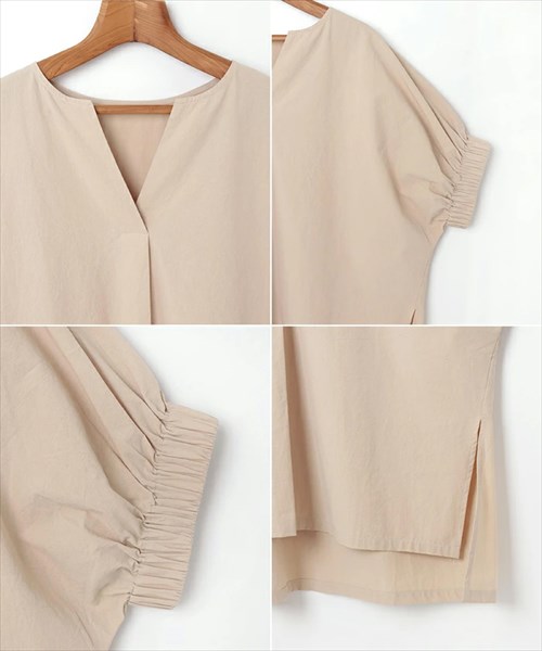 送料無料 ワッシャーコットン 袖ギャザー スキッパー ブラウス レディース プルオーバー シンプル 体型カバー 春 夏 秋 オフィスカジュアル かわいい お出かけ デート 楽ちん ゆったり Ladies 20代 30代 40代