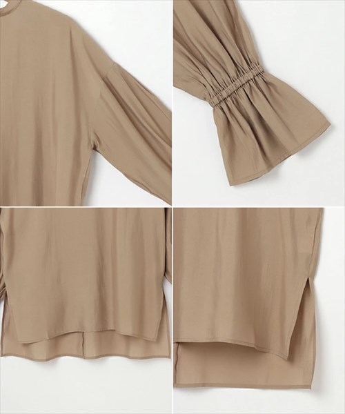 送料無料 ブライトシアー ボリューム袖 長袖 シャツ ブラウス レディース バンドカラー チュニック プルオーバー 体型カバー 光沢感 春 夏 秋 オフィスカジュアル かわいい お出かけ デート 楽ちん ゆったり Ladies 20代 30代 40代