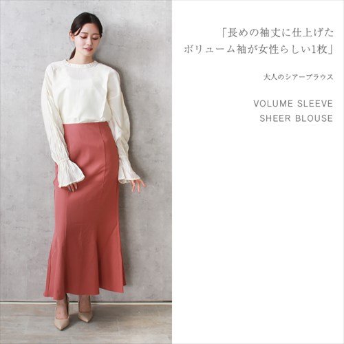 送料無料 ブライトシアー ボリューム袖 長袖 シャツ ブラウス レディース バンドカラー チュニック プルオーバー 体型カバー 光沢感 春 夏 秋 オフィスカジュアル かわいい お出かけ デート 楽ちん ゆったり Ladies 20代 30代 40代