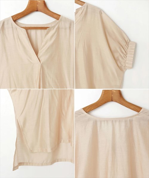 送料無料 ブライトシアー 袖ギャザー スキッパー シャツ ブラウス レディース 体型カバー シンプル プルオーバー 光沢感 春 夏 秋 オフィスカジュアル かわいい お出かけ デート 楽ちん ゆったり Ladies 20代 30代 40代