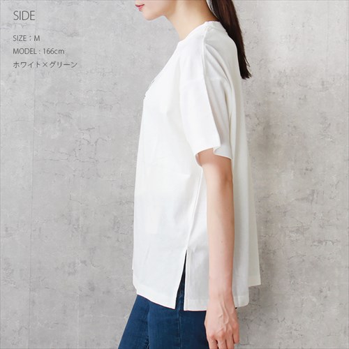 送料無料 Tシャツ 半袖 ロゴ コットン 綿100% ロゴ刺繍 トップス カットソー レディース クルーネック サイドスリット ベーシック オーバーサイズ 体型カバー S/Mサイズ 春 夏 秋 おしゃれ カジュアル かわいい お出かけ デート 楽ちん ゆったり Ladies 20代 30代 40代