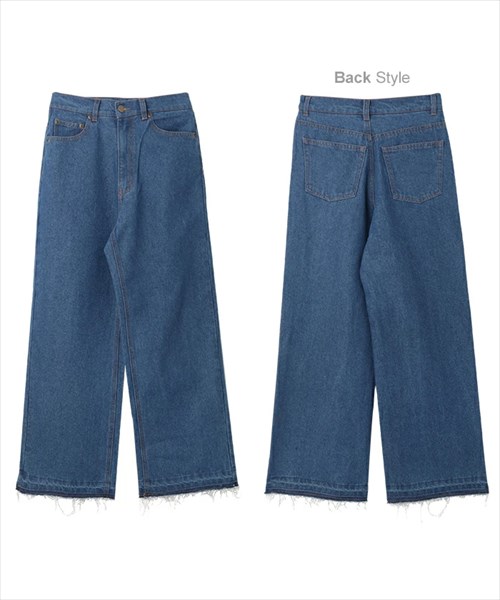 送料無料 裾フリンジ デニム ワイドパンツ レディース ハイウエスト フロントボタン ジップ コットン ナチュラル 抜け感 M/Lサイズ 春 夏 秋 冬 オフィスカジュアル かわいい お出かけ デート 楽ちん ゆったり Ladies 20代 30代 40代