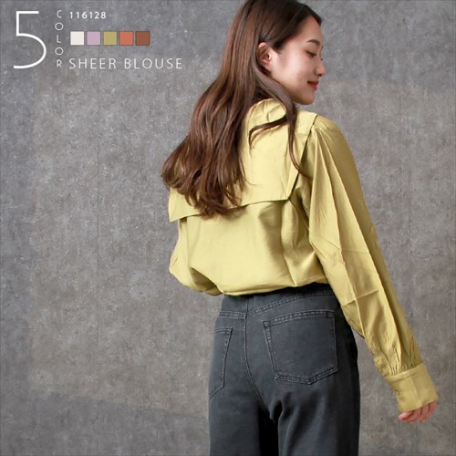 送料無料 ブライトシアー 前後 2way 長袖 シャツ ブラウス レディース フェミニン チュニック バンドカラー ギャザー 体型カバー 透け感 光沢感 春 夏 秋 オフィスカジュアル かわいい お出かけ デート 楽ちん ゆったり Ladies 20代 30代 40代