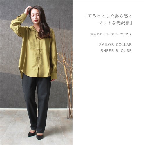 送料無料 ブライトシアー 前後 2way 長袖 シャツ ブラウス レディース フェミニン チュニック バンドカラー ギャザー 体型カバー 透け感 光沢感 春 夏 秋 オフィスカジュアル かわいい お出かけ デート 楽ちん ゆったり Ladies 20代 30代 40代