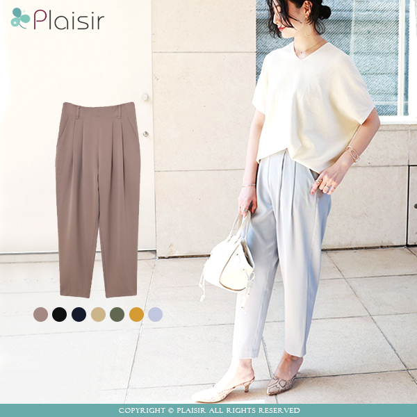 テーパードパンツ ボトムス とろみ素材 ウエストゴム タック 夏 無地 シンプル カジュアル ホック タック レディース ウエストゴム 春 Ladies bottoms  黒 ブラック