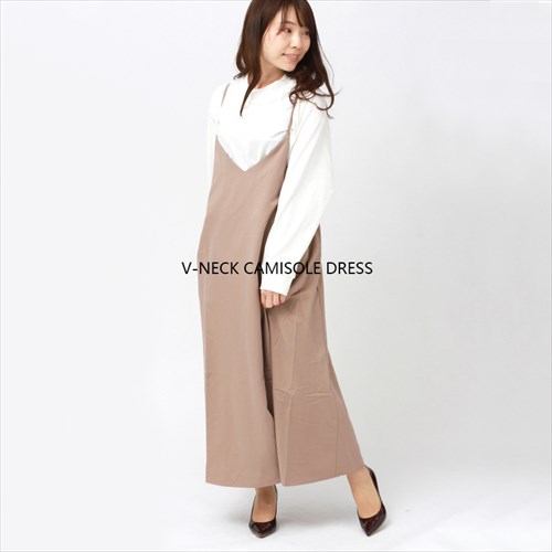 ツイル Vネック キャミ ワンピース レディース フェミニン サイドポケット 春 夏 秋 冬 大人 20代 30代 40代 きれいめ コーデ 