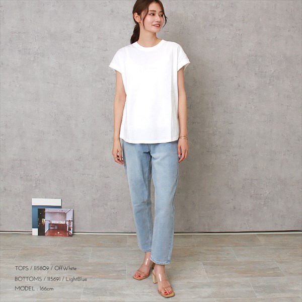 フレンチスリーブ tシャツ Whatever ロゴ 刺繍 Tシャツ レディース ティーシャツ テーシャツ スリット オーバーサイズ ラウンドヘム コットン天竺 おしゃれ
