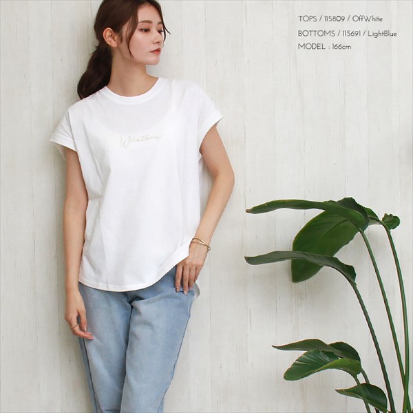 フレンチスリーブ tシャツ Whatever ロゴ 刺繍 Tシャツ レディース ティーシャツ テーシャツ スリット オーバーサイズ ラウンドヘム コットン天竺 おしゃれ