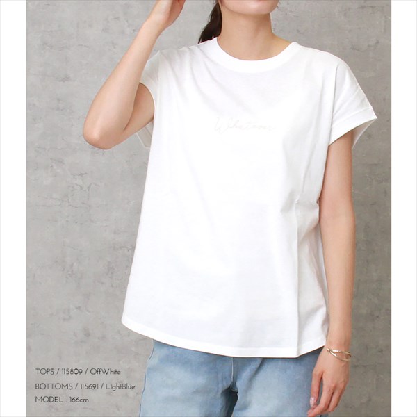 フレンチスリーブ tシャツ Whatever ロゴ 刺繍 Tシャツ レディース ティーシャツ テーシャツ スリット オーバーサイズ ラウンドヘム コットン天竺 おしゃれ