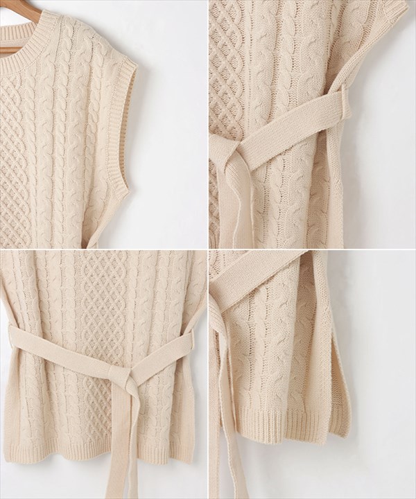 ケーブルニット ベスト セーター 2way ベルト付き ケーブル編み ニット ビックシルエット ニットベスト レディース 暖か オーバーシルエット ボリューム感 体系カバー