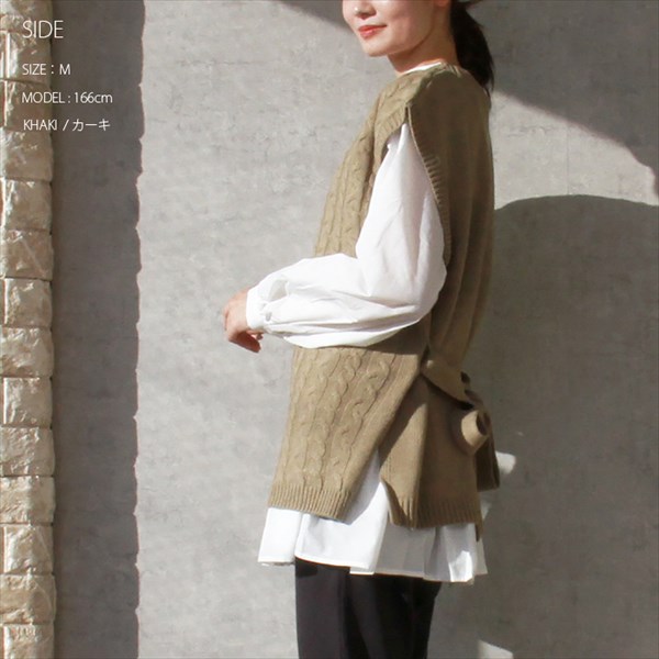 ケーブルニット ベスト セーター 2way ベルト付き ケーブル編み ニット ビックシルエット ニットベスト レディース 暖か オーバーシルエット ボリューム感 体系カバー おしゃれ おすすめ かわいい 可愛い オフィスカジュアル お出かけ デート 楽ちん ゆったり Ladies tops knit ブラック 黒 カーキ ベージュ 20代 30代 40代 大人 コーデ