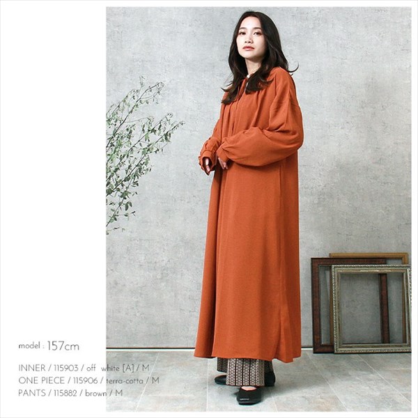 立ち襟 ワンピース フリル とろみ素材 衿ギャザー ボリューム袖 スタンドカラー 前後2way 長袖 ロング 袖ボリューム レディース リボンディティール おしゃれ