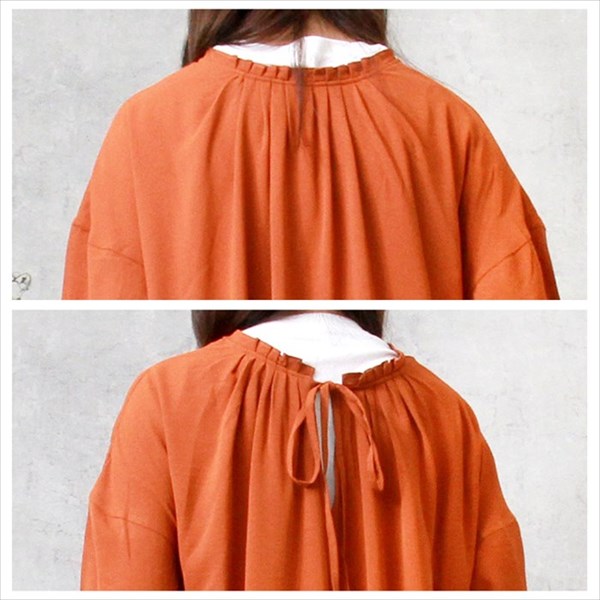 立ち襟 ワンピース フリル とろみ素材 衿ギャザー ボリューム袖 スタンドカラー 前後2way 長袖 ロング 袖ボリューム レディース リボンディティール おしゃれ