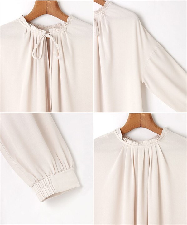 立ち襟 ワンピース フリル とろみ素材 衿ギャザー ボリューム袖 スタンドカラー 前後2way 長袖 ロング 袖ボリューム レディース リボンディティール おしゃれ