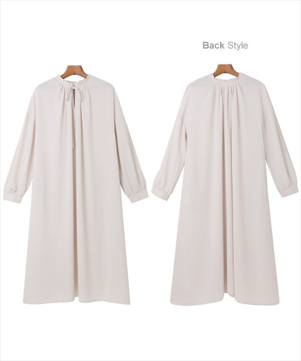 立ち襟 ワンピース フリル とろみ素材 衿ギャザー ボリューム袖 スタンドカラー 前後2way 長袖 ロング 袖ボリューム レディース リボンディティール おしゃれ