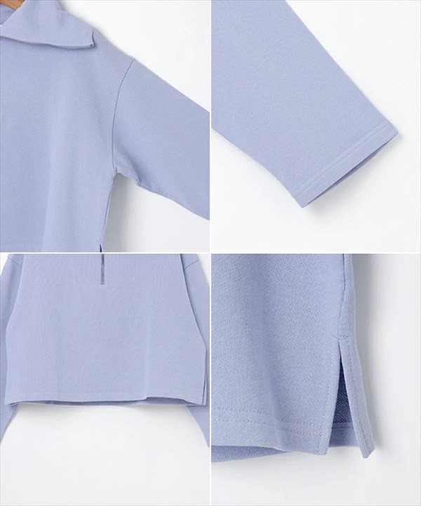 コットン 裏毛 短丈 ハーフジップ セーラーカラー 長袖 スウェット トップス レディース ショート丈 ドロップショルダー トレンド感 春 夏 秋 冬 オフィスカジュアル かわいい お出かけ デート 楽ちん ゆったり Ladies 20代 30代 40代