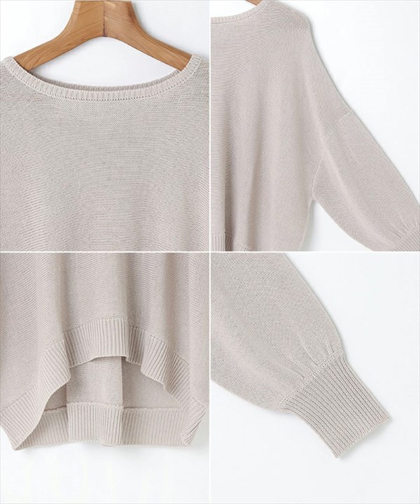 送料無料 背中リボン 天竺編み リネンタッチ アクリル 長袖 ニットトップス レディース ラウンドネック ギャザー袖 体型カバー カジュアル シンプル 上品 春 秋 オフィスカジュアル かわいい お出かけ デート 楽ちん ゆったり Ladies 20代 30代 40代