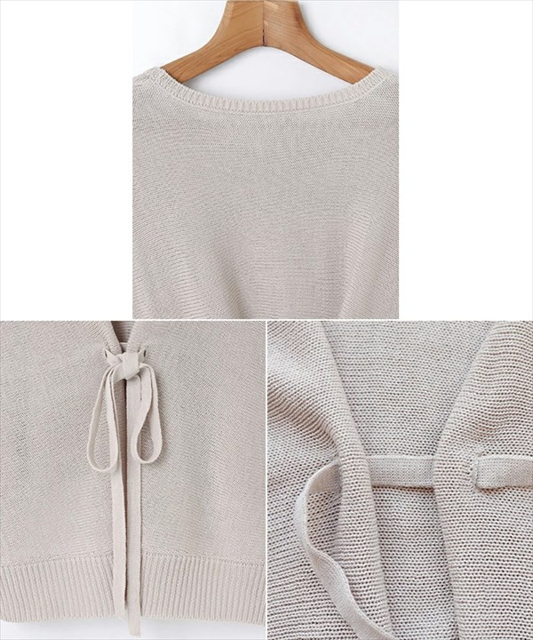 送料無料 背中リボン 天竺編み リネンタッチ アクリル 長袖 ニットトップス レディース ラウンドネック ギャザー袖 体型カバー カジュアル シンプル 上品 春 秋 オフィスカジュアル かわいい お出かけ デート 楽ちん ゆったり Ladies 20代 30代 40代
