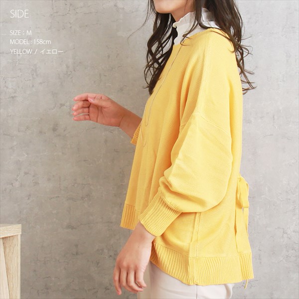 送料無料 背中リボン 天竺編み リネンタッチ アクリル 長袖 ニットトップス レディース ラウンドネック ギャザー袖 体型カバー カジュアル シンプル 上品 春 秋 オフィスカジュアル かわいい お出かけ デート 楽ちん ゆったり Ladies 20代 30代 40代