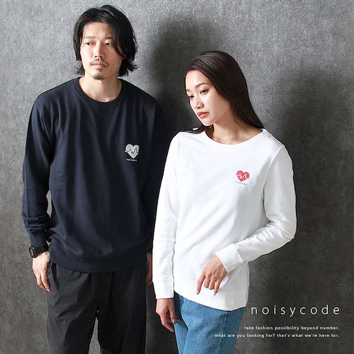 noisycode ワンポイント スウェット トレーナー ハート オリジナル レディース メンズ ブランド デザイントレーナー ペア 綿100% 長袖 おしゃれ プリント ロゴ 文字 英字 ベーシック シンプル トップス ペアルック ユニセックス 大きいサイズ S M L XL 2XL 小さいサイズ 服 おもしろ お洒落 楽ちん ゆったり Ladies mens tops ブラック 黒 ホワイト 白 グレー ネイビー 20代 30代 40代 大人 コーデ 送料無料