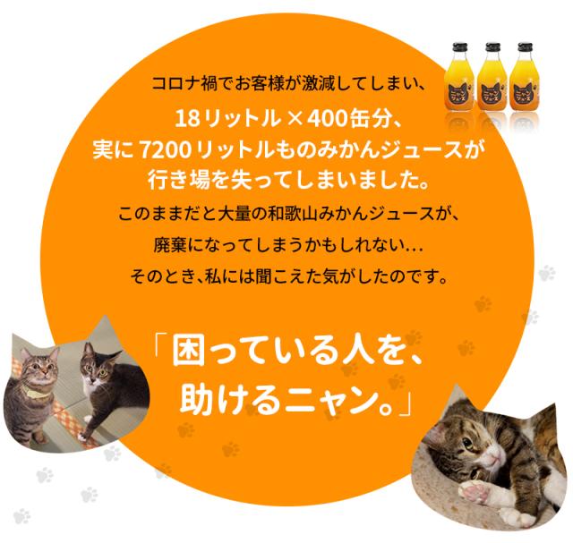 コロナ禍でお客様が激減してしまい、18リットル×400缶分、実に7200リットルものみかんジュースが⾏き場を失ってしまいました。このままだと大量の和歌山みかんジュースが、廃棄になってしまうかもしれない…そのとき、私には聞こえた気がしたのです。「困っている人を、助けるニャン。」