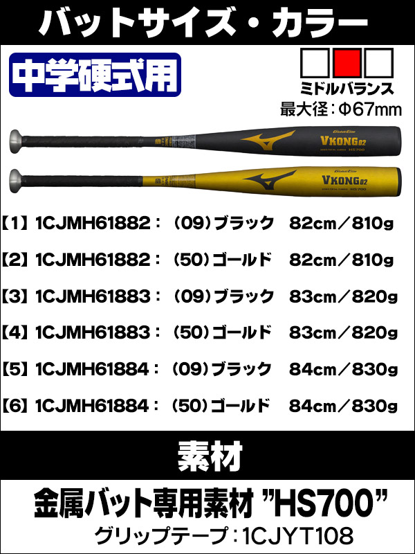 中学硬式バット ミズノＶコング02 黒 84cm 中学硬式用【グローバルエリート】Vコング02(金属製／84cm／平均