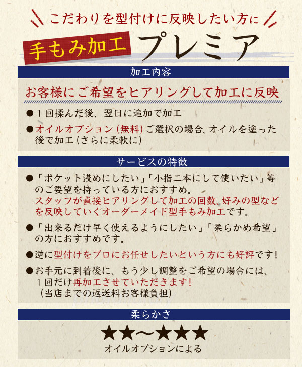 手もみ加工 プレミア / 野球 グローブ 型付け 手もみ グラブ 型付け 少年野球 軟式 硬式 ソフトボール用 グローブ
