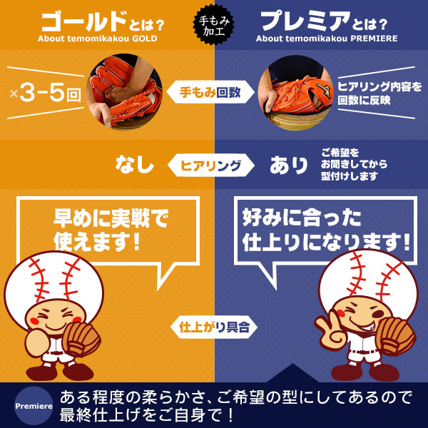 手もみ加工 プレミア / 野球 グローブ 型付け 手もみ グラブ 型付け 少年野球 軟式 硬式 ソフトボール用 グローブ