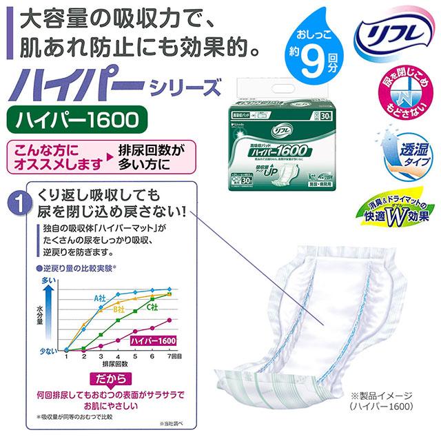送料無料 リフレ 高吸収パッド ハイパー1600 30枚×4袋 大人用 紙おむつ 尿漏れ 尿もれ 尿取り 尿とり パット おむつ オムツ 失禁 介護