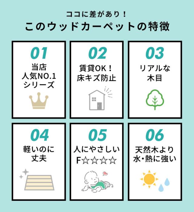 おすすめポイント。賃貸OK。リアル木目。軽いのに丈夫。人にやさしい。お部屋に合わせてカットOK。安心の抗菌加工。