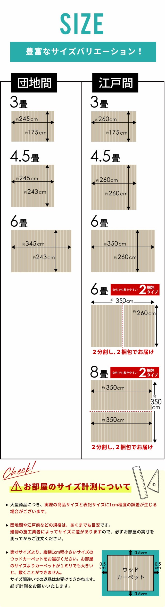 サイズバリエーション。江戸間。団地間。3畳。4.5畳。6畳。8畳。お部屋のサイズ計測について