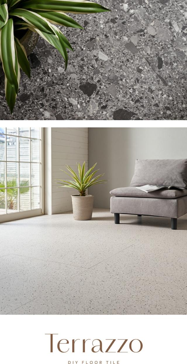 テラゾーをリアルに再現したフロアタイル。手軽な石タイル。