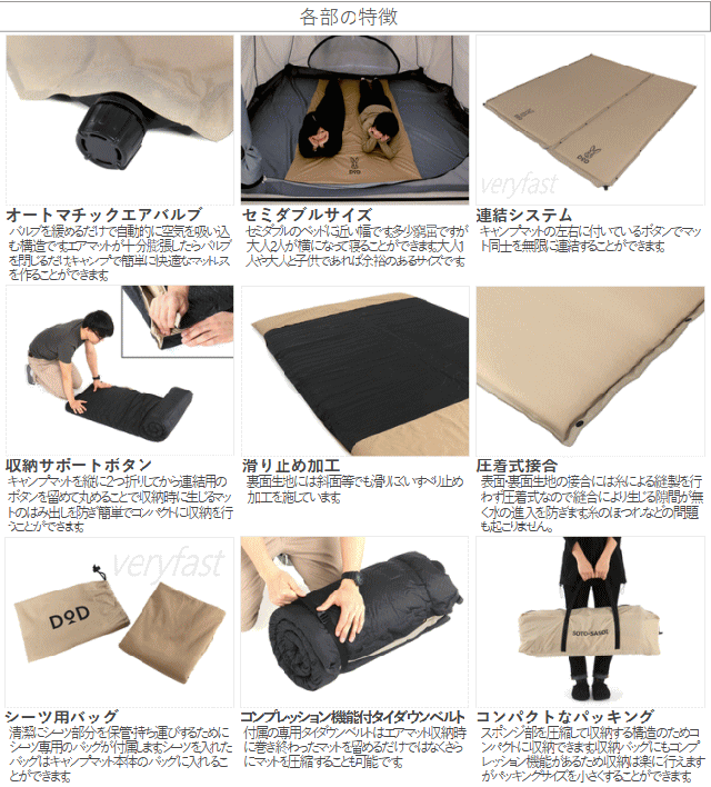 DOD エアマット エア式 キャンプマット 2人用 丸洗い コンパクト収納 自動膨張 インフレータブルマット 4.5cm カバー シーツ付属 アウトドア キャンプ 自宅 レジャー ソトネノサソイM 2人用 CM2-621-TN タン