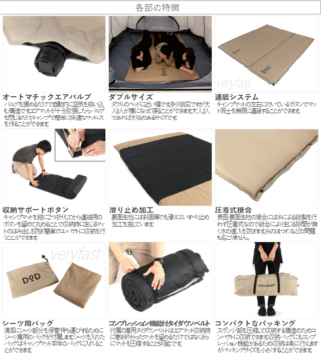DOD エアマット エア式 キャンプマット 3人用 丸洗い コンパクト収納 自動膨張 インフレータブルマット 4.5cm カバー シーツ付属 ソトネノサソイL CM3-622-TN タン