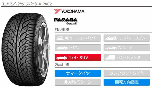 パンク保証付き【プランE】4本 サマータイヤ 285/50R20 112V ヨコハマ パラダ スペック-X PA02 YOKOHAMA PARADA  Spec-X PA02 正規品の通販はau PAY マーケット - タイヤ1番 | au PAY マーケット－通販サイト