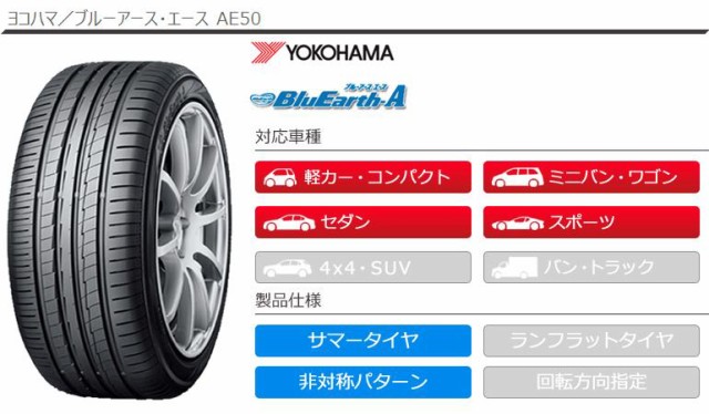 ブルーアー 4本 AE50 YOKOHAMA BluEarth-A AE50の通販はau PAY マーケット - クーポン配布中!
タイヤ1番|商品ロットナンバー:470308142 サマータイヤ 255/40R17 94W ヨコハマ ブルーアース・エース ➞ホイールが