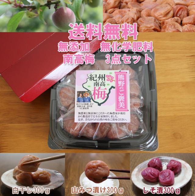 無添加 無農薬 無化学肥料 紀州 南高梅 紀州 南高梅 白干し300g山みつ漬300g紫蘇漬300g 3点セット