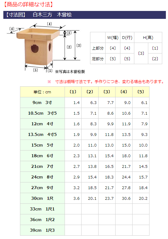 【寸法図】白木三方 吉野桧